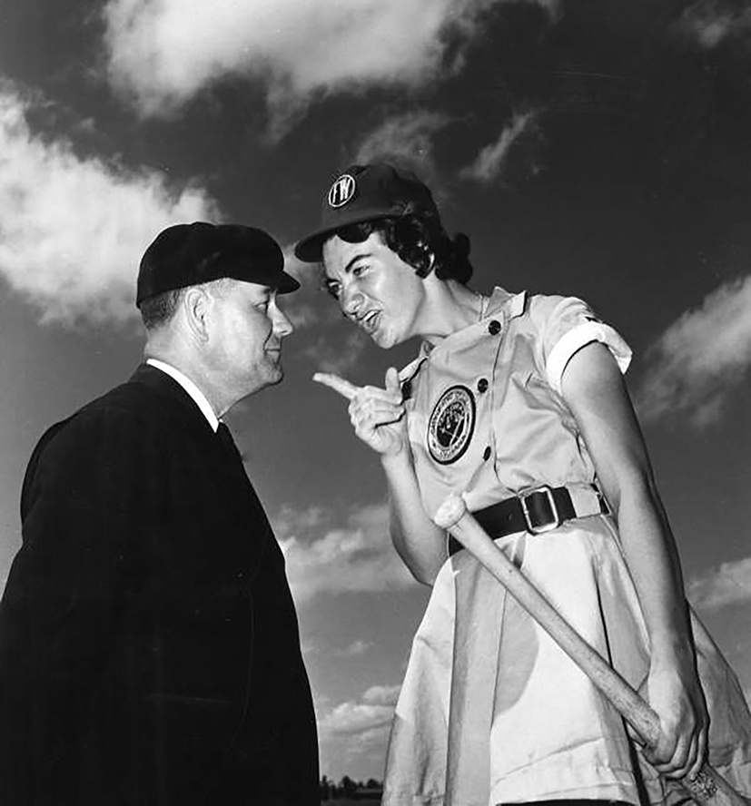 Marie Wegman argues with the umpire Norris Ward, Florida, 1948