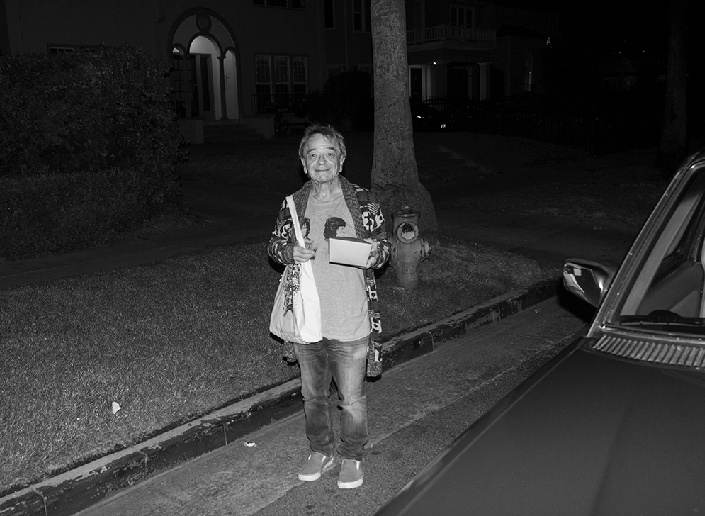 Gary Indiana in front of his Los Angeles apartment building, 2021