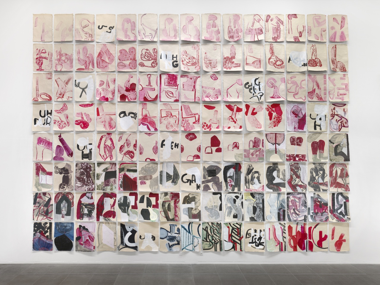 Amy Sillman, “103 UGH for 2023 (Words)” and “195 UGH for 2023 (Torsos),” 2023–24